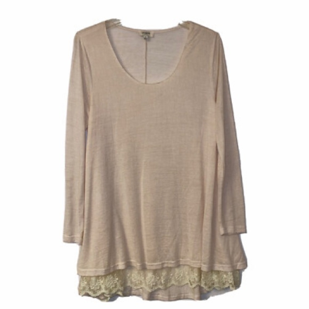 Umgee Neutral Cream Lace Trim Tunic Top Boho Cozy Layering Medium - Picture 2 of 8